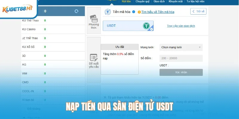 Mengisi uang melalui platform elektronik USDT